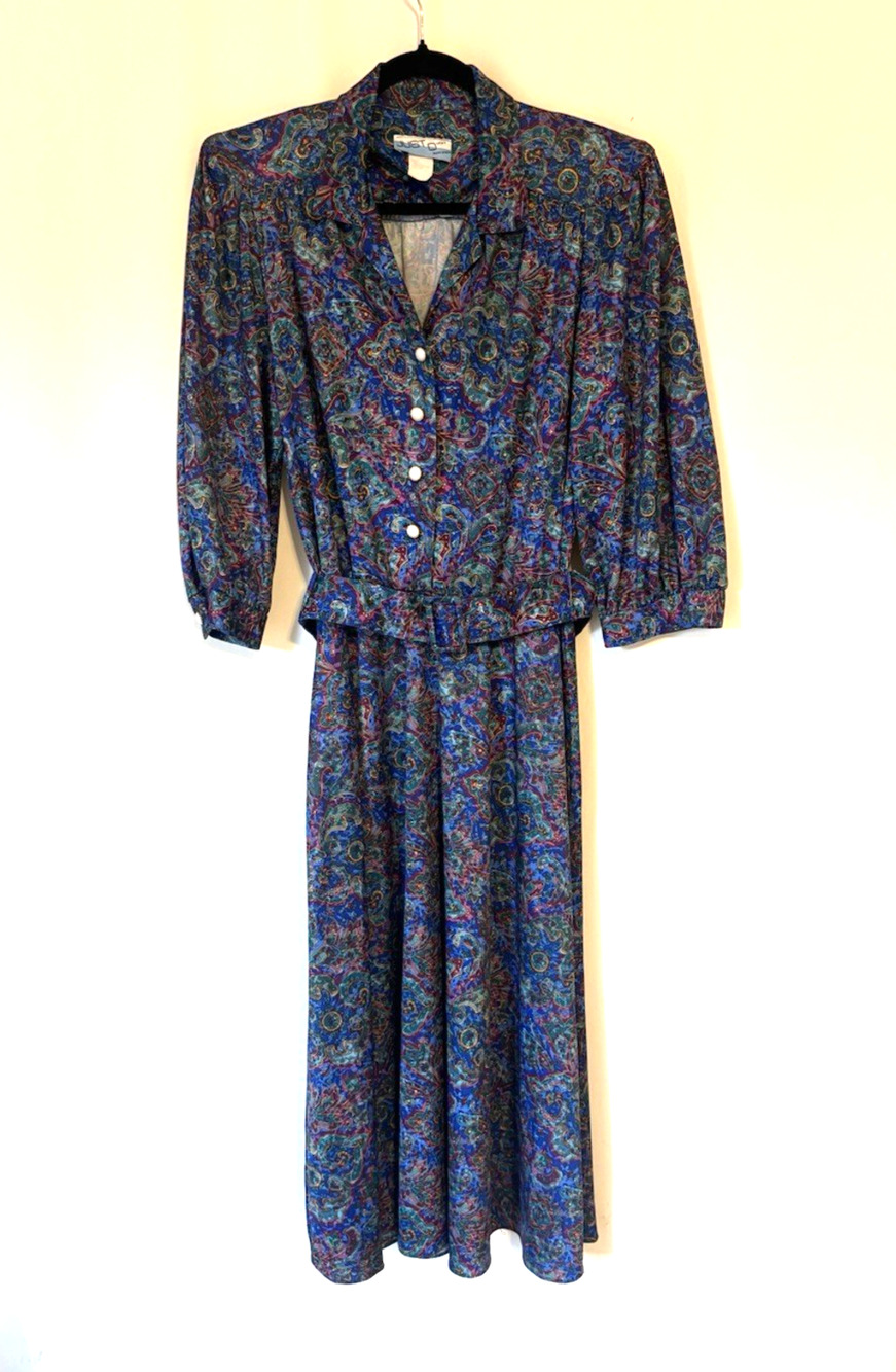 Vtg Just Ducky USA Dress Medium Fit Flare Purple Florala Belted 80s